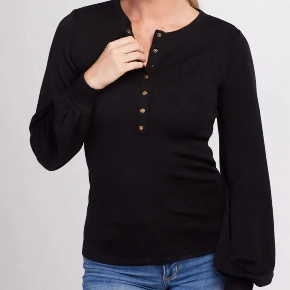 WOOLX Charlotte Puff Sleeve Black Top - Picture 2 of 8